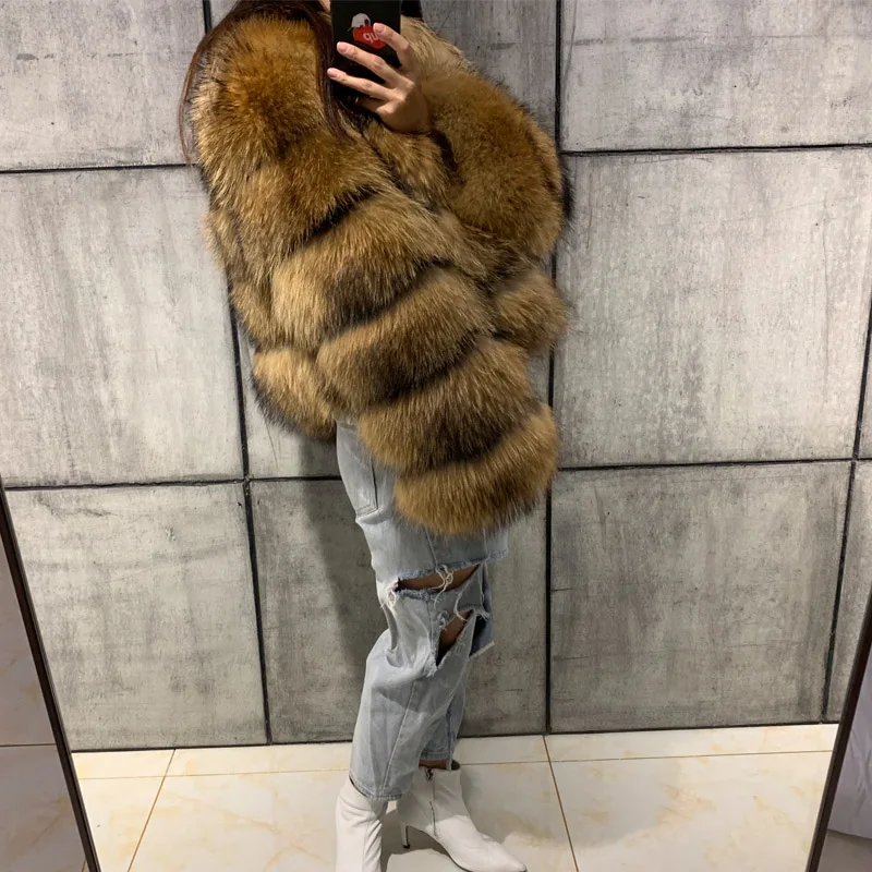 

real natural raccoon women fur coat stand collar