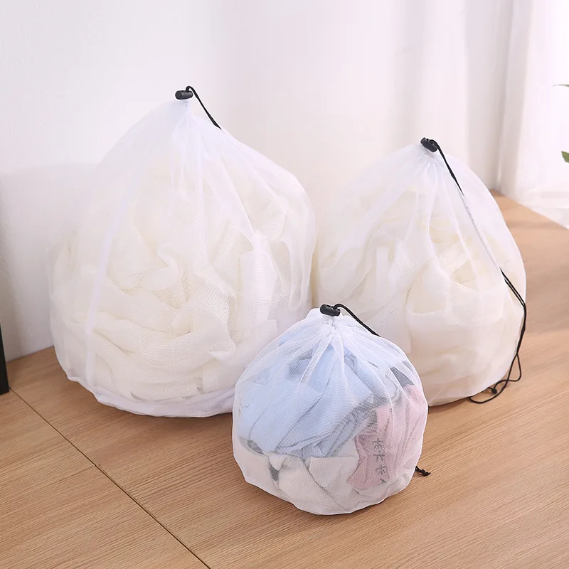 Portable Reusable Bags Nylon Thickened Washing Bag Mesh String Clothing Organizer Drawstring Net Laundry Bag Home Accessories