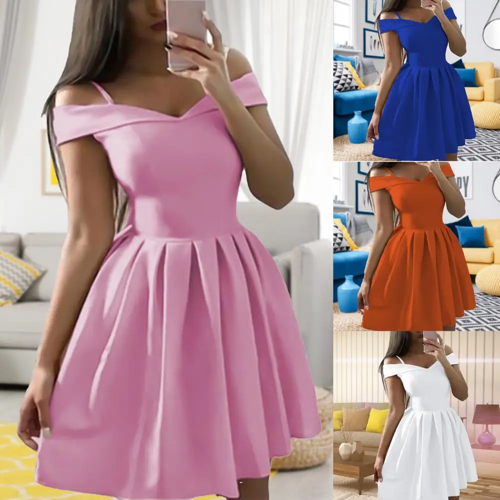 

Elegant Women Mini Dress Slim-fit Solid Color Pleated Skirt Off Shoulder Low-cut V Neck A Line Party Dresses Summer 2021