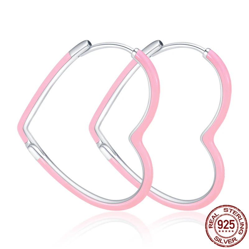 

Hot Sale Silver Earrings Real 925 Sterling Silver Pink Heart Hoop Earrings for Women Fashion Silver Earring Jewelry Gift