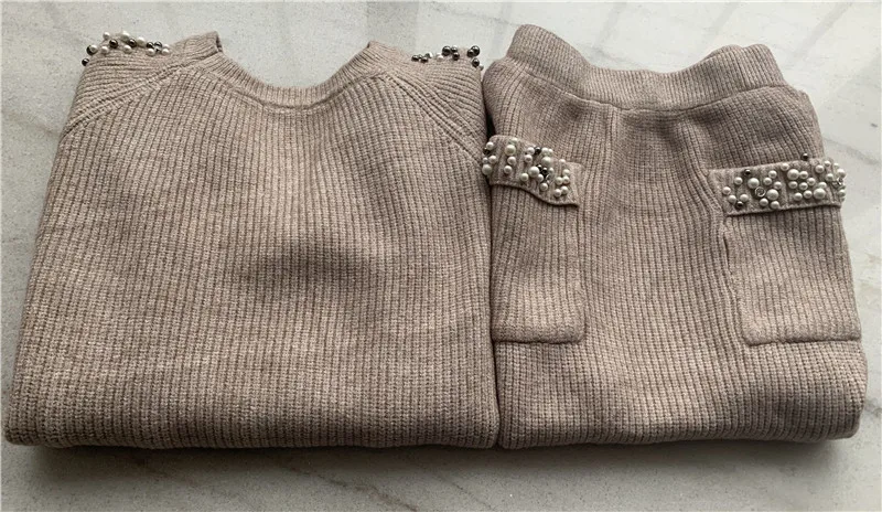FORERUN 2 Piece Skirt Set Pearl Beading Knitted Sweater Top and Skirt Set Streetwear Cold Shoulder Sleeve Two Piece Outfits