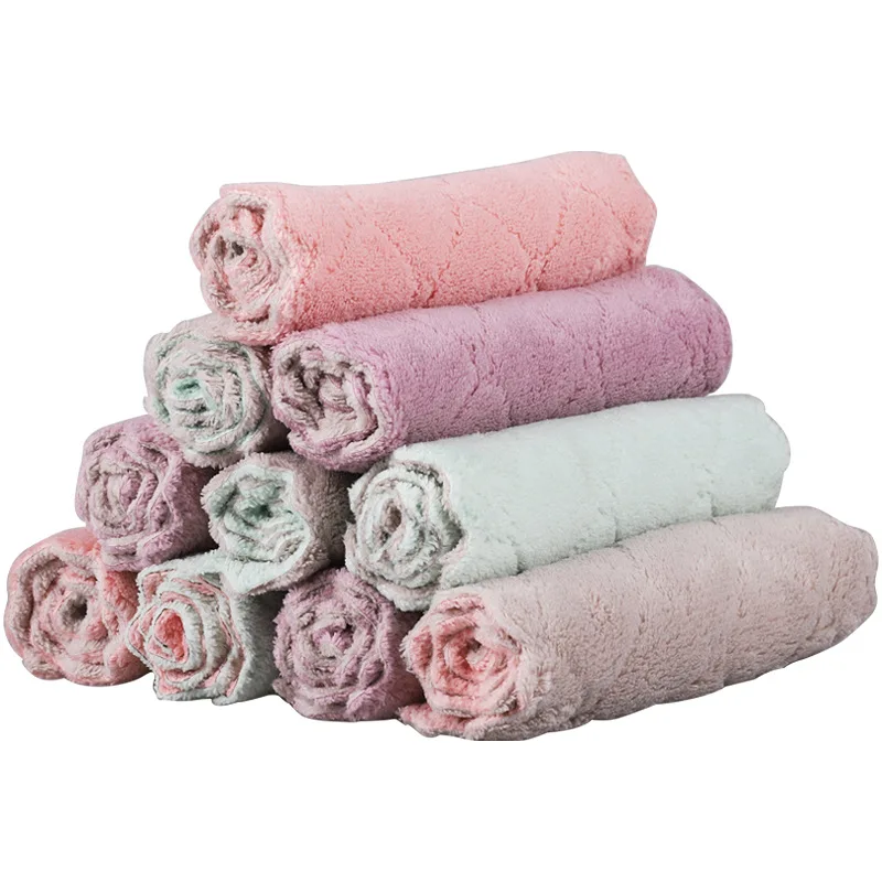 

10pcs/lot dish cloth Kitchen cleaning towel rag thicken coral fleece non-stick oil dish double color absorbent degreasing towel