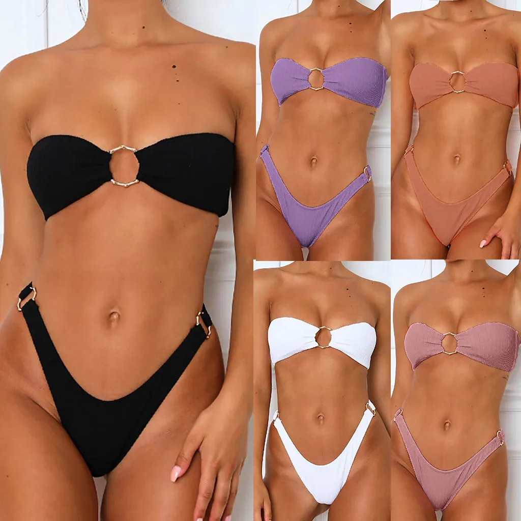 

Female solid color bikini solid set swimsuit two-piece padded bra swimsuit beachwear high waist bikini swimsuit 6*