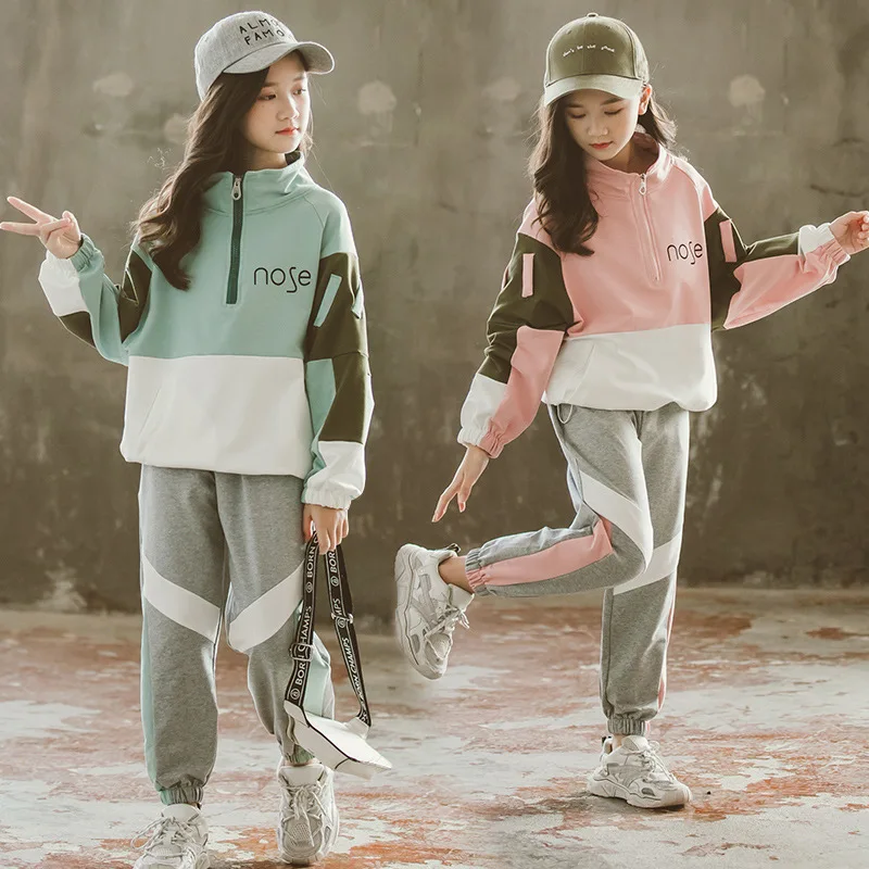 

2020 Fashion Girls Sports Suits Semi-high Collar Letter Zipper Clothing Set Teens Spring Autumn Tracksuit Casual Kids Sportswear