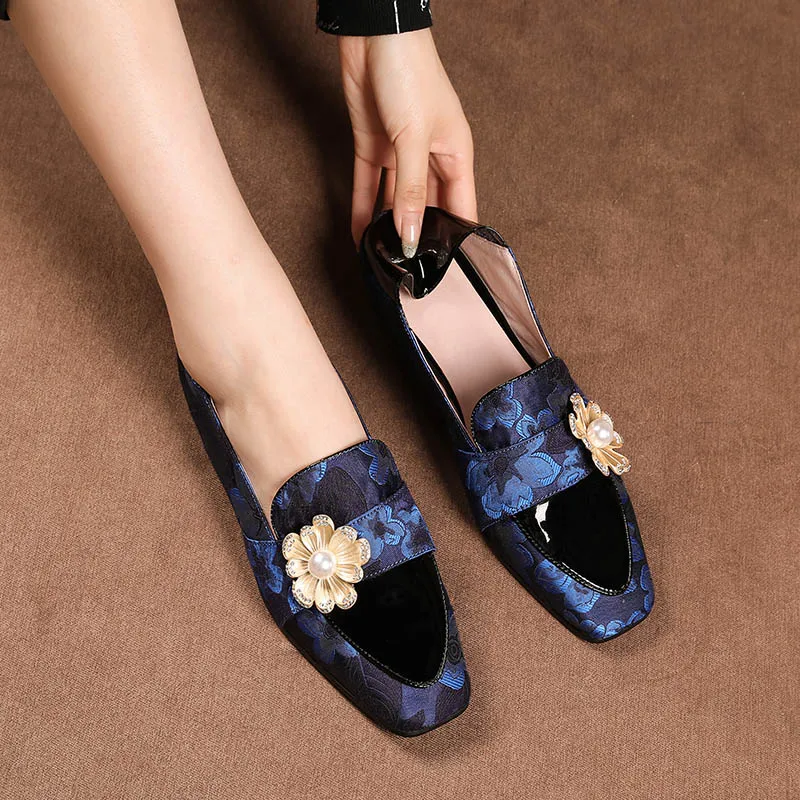 Мюли Phoentin Королевский синий атласный жемчуг обувь для женщин квадратный носок