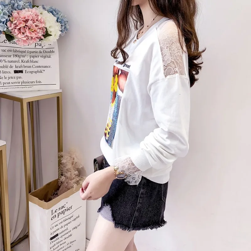 Новинка 2020 кружевная Толстовка с длинным рукавом Женская Осенняя мода свободный