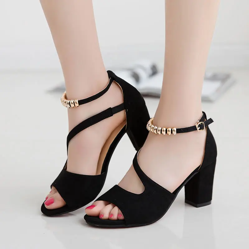 

Women Sandals Flock Buckle Strap 7CM Square Heel High Heels Peep Toe Shallow Women Shoes Sandalias Mujer 2023 Size 35-42 Black