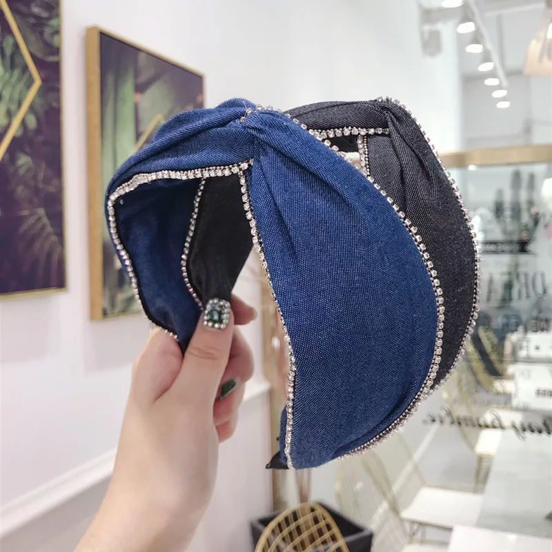 

Denim Sliver Crystal Hairbands Middle Knotted Headband Korea Hair Accessories Hair Band Flower Crown Bows Headbands For Women
