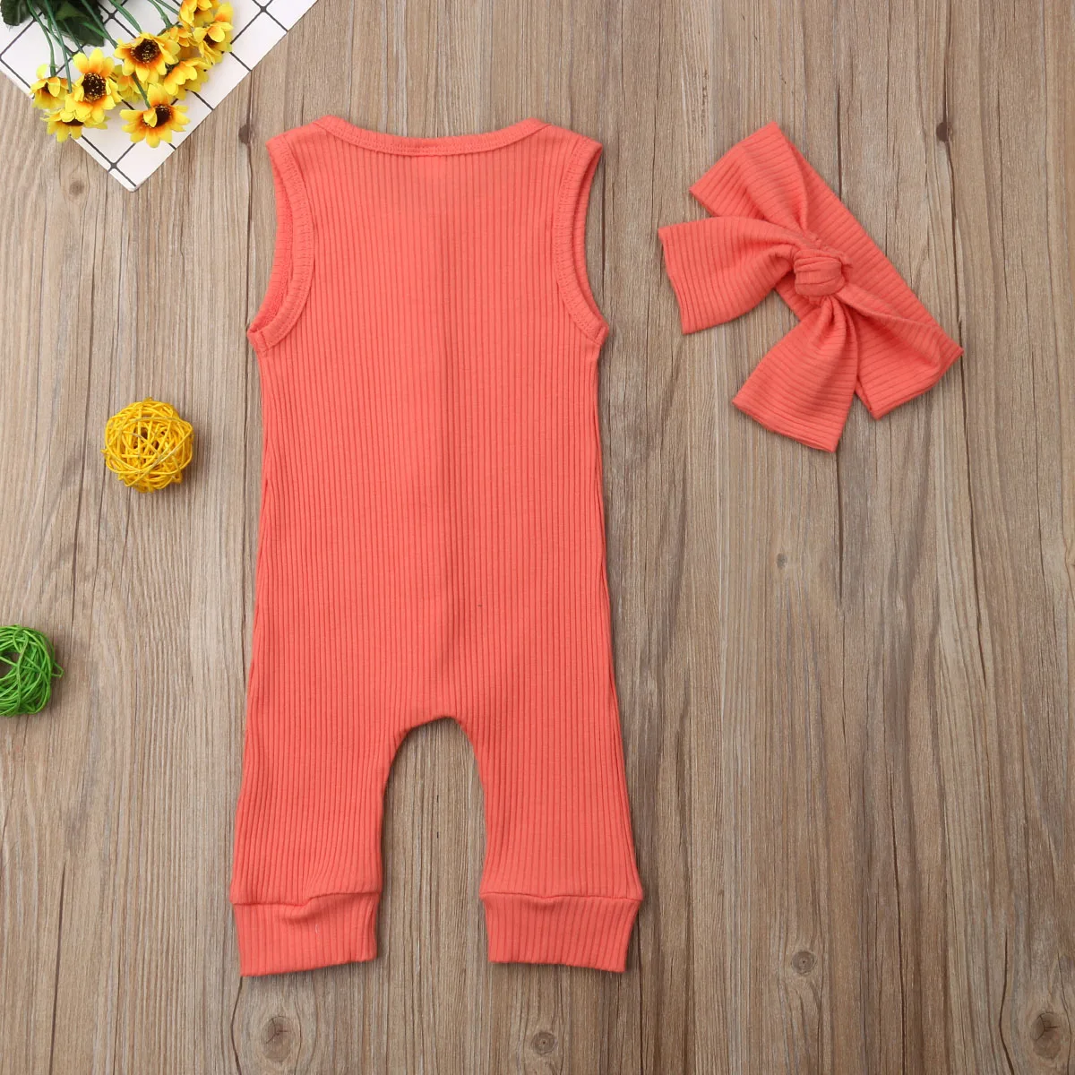

6-18 Months Newborn Infant Baby Girl Boy Casual Button Sleeveless Outfit Romper Jumpsuit Headband 2pcs Clothes Set