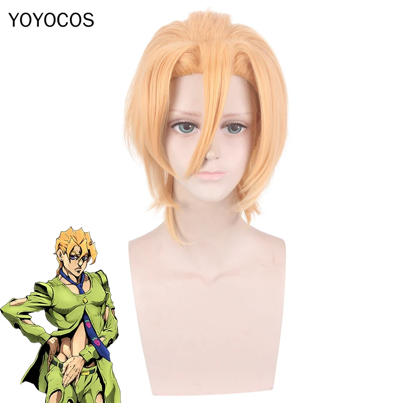 

Парик для косплея Pannacotta Fugo, с необычными приключениями Джоджо, желтые короткие волосы для косплея, термостойкие синтетические волосы + сетка для волос