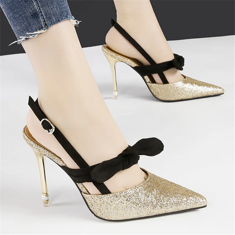 2019 г. Модные пикантные женские туфли на высоком каблуке 10 см с блестками шпильке