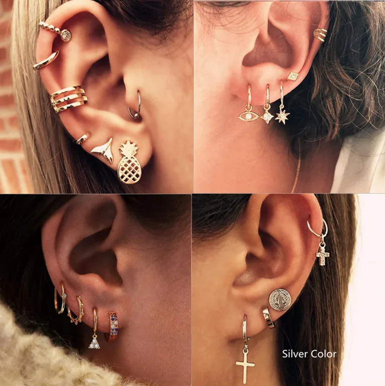 New Chain Gold Earrings For Woman Trendy Geometric CrossTriangle Circle Moon Star Pendant Dangle Set Female Jewelry | Украшения и