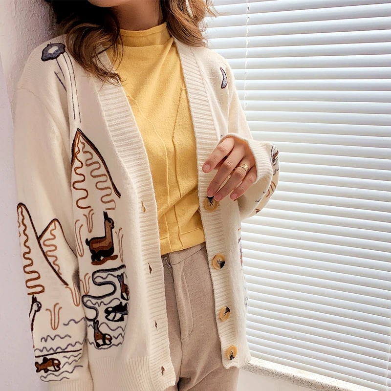 

Кашемировый свитер, пальто, Женский кашемировый кардиган на осень и зиму, свитер с вышивкой в виде пейзажа, кардиган свободного покроя с V-об...