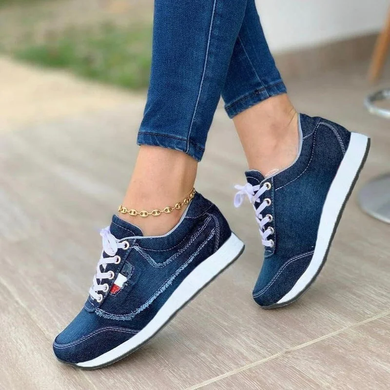 

2021 New Sneakers Women Shoes Flats Fashion Casual Ladies Shoes Woman Denim Lace-Up Mesh Breathable Female Sneakers Wearable