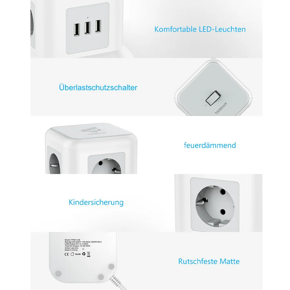 Сетевой удлинитель TESSAN с 3 USB-портами и 11 розетками | Электроника
