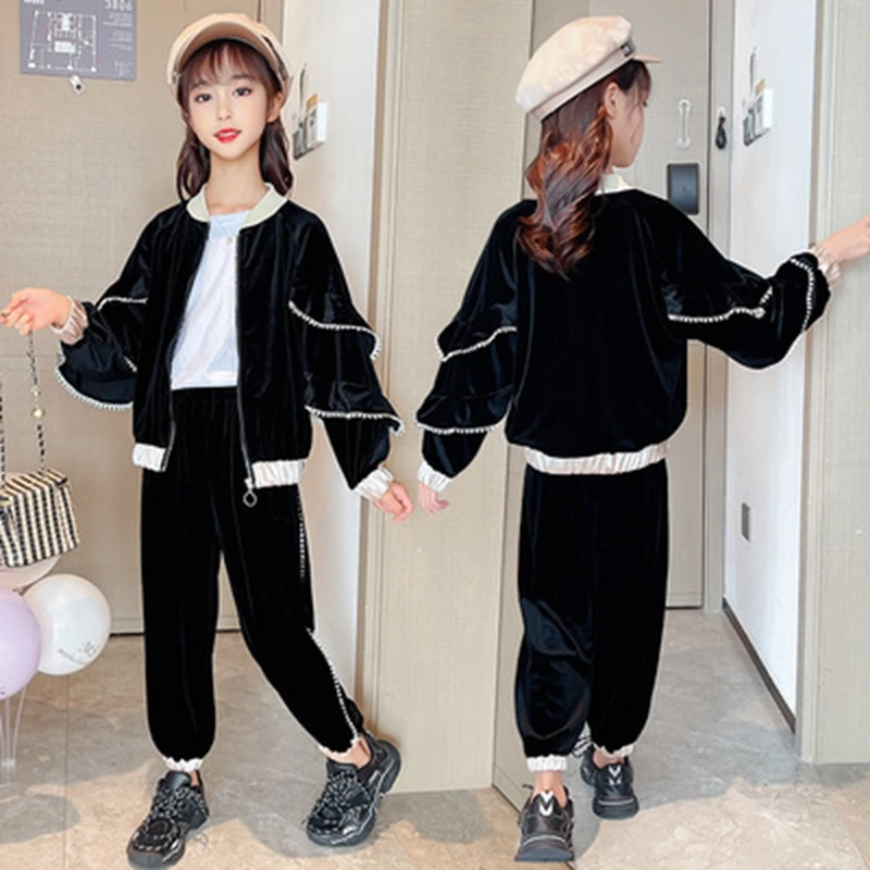 

Baby Girl Clothes Lace Sleeve Jackets + Pants Pleuche Suit 2021 New Fashionable Children Autumn Wear Tracksuit for Young Girls