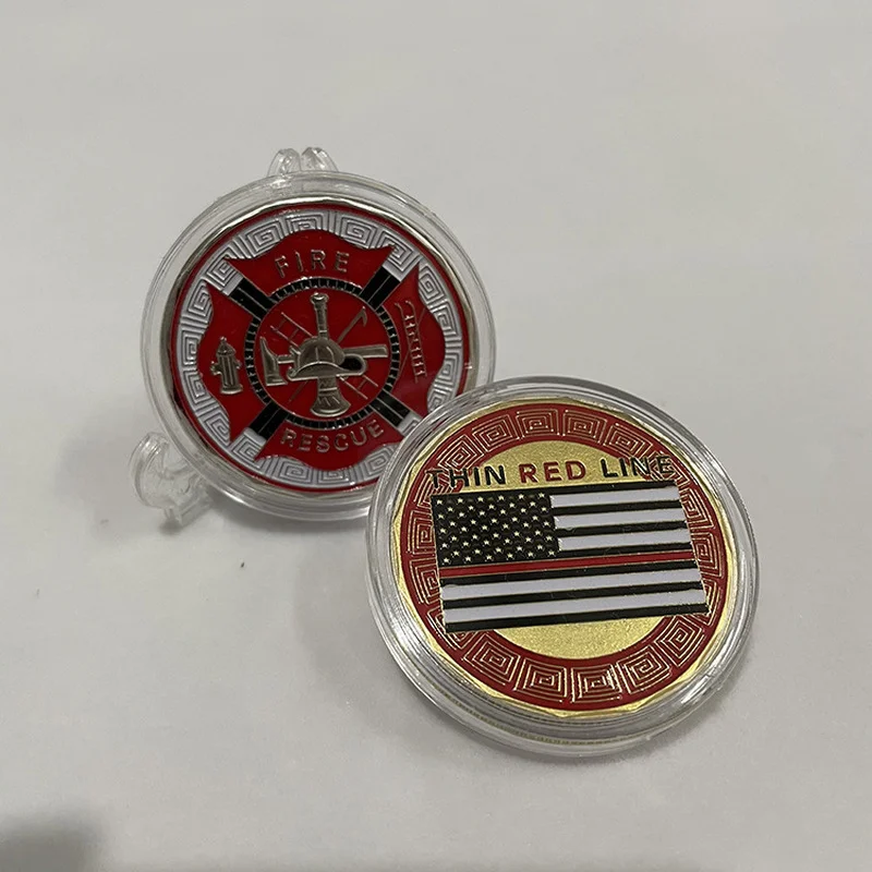 

Spot American Firefighter Painted Striped Banner Glory Gold-plated Commemorative Coin Collection Fire Fighting Gold Coin Medal