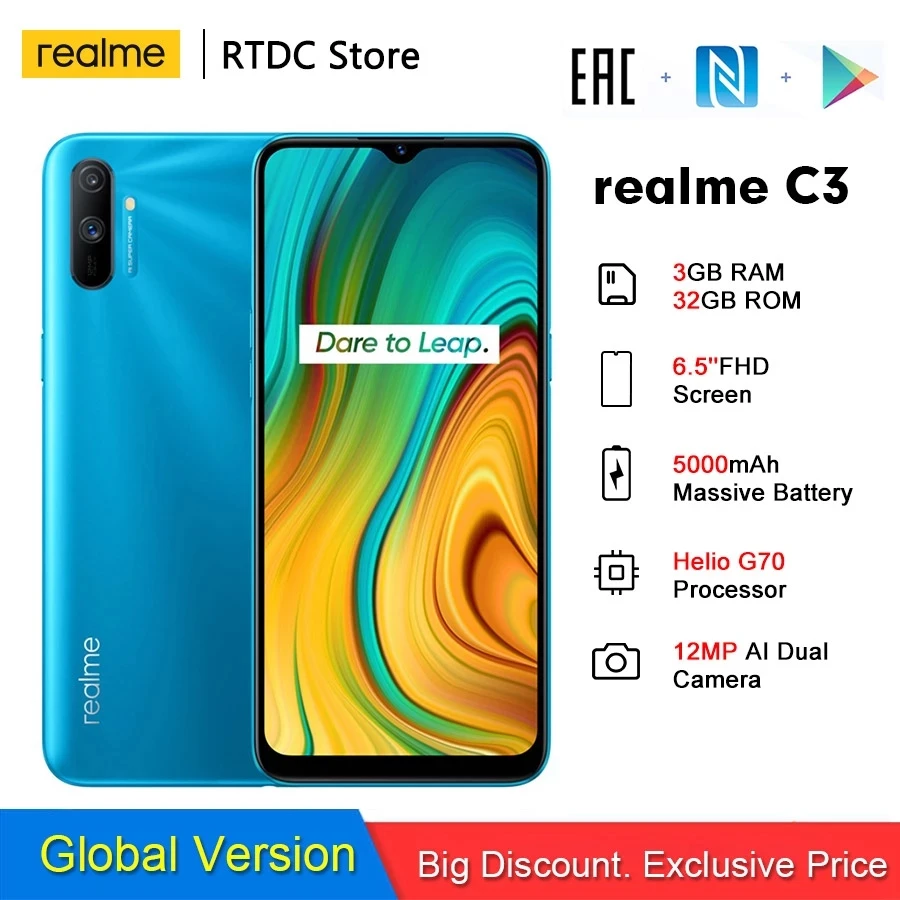 Realme C3 RMX2020 6 5 ''Global 3 Гб оперативной памяти 32 встроенной процессор Helio G70 12MP AI