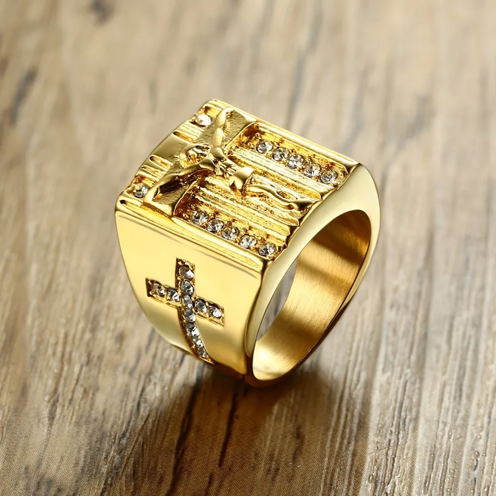

Prayer Jesus Cross White Cubic Zirconia Rings for Men Gold Tone Stainless Steel Crucifix CZ Band Male Jewelry Anel Aneis