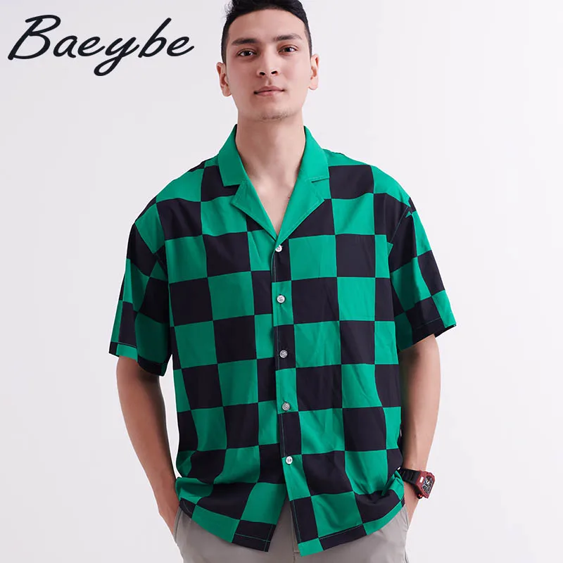 

Summer Man Hawaiian Shirts Woman Green Plaid Print Shirt Couple Plus Size Casual Blouses Turn-Down Collar Homewear Unisex Tops
