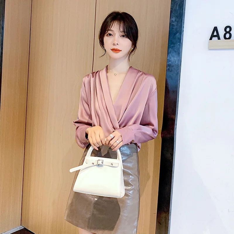 

New French design Satin V Neck long sleeve shirt women s style top shirt
