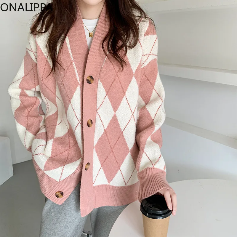 

ONALIPPA Woman Sweater 2021 Autumn New Style Japanese Retro Lazy Loose Diamond Thick Outer Wear Cardigan Female Top Wild Tide