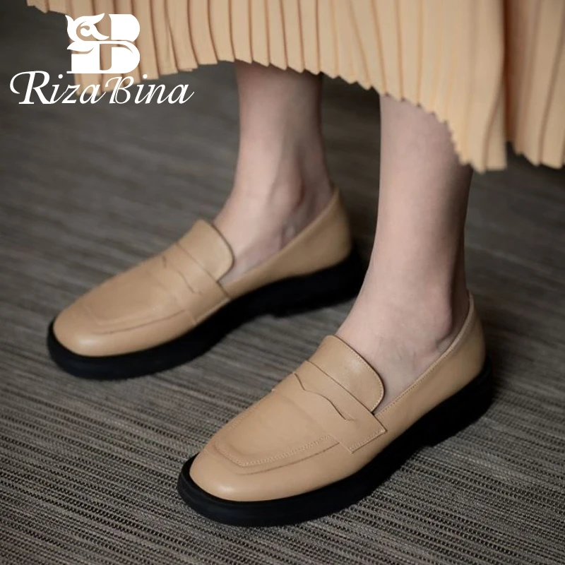 

RIZABINA Women Real Leather Flats Round Toe Slip On Vintage Shoes Solid Color Ladies Footwear Spring Autumn Size 34-39
