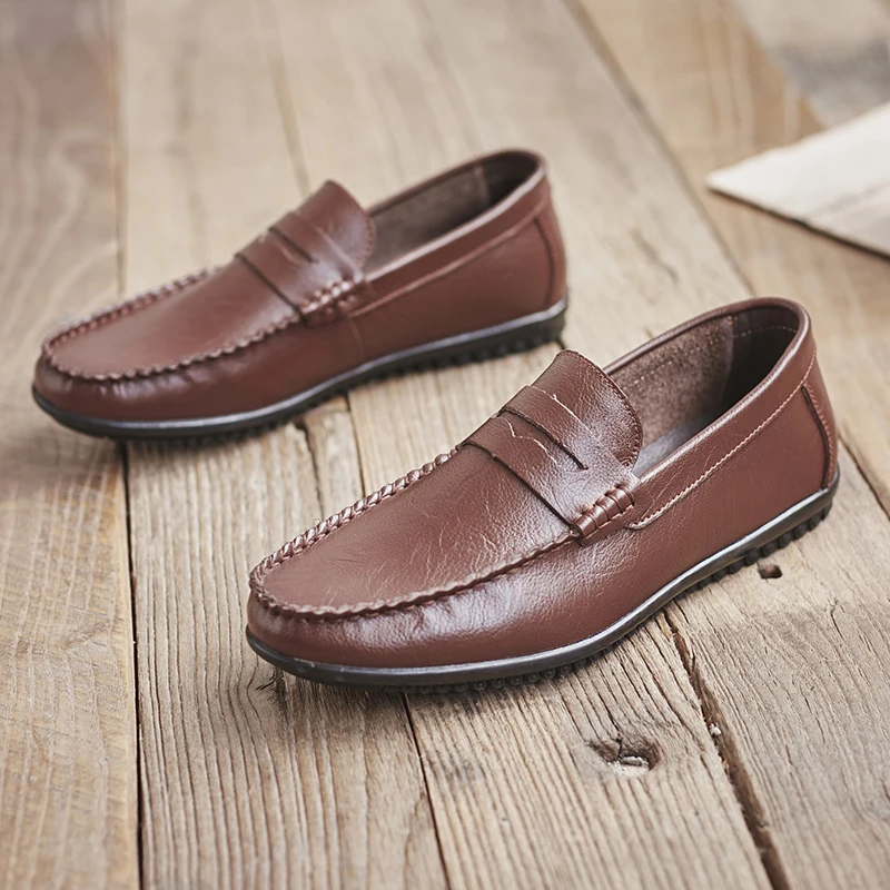 Туфли мужские классические легкие лоферы без застежки плоская подошва