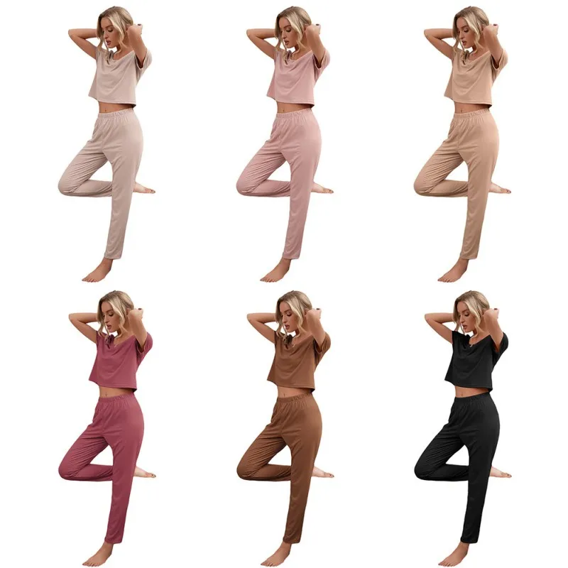 

Women Solid Color Pajama Suit Short Sleeve Round Neck Top With Trousers Casual Breathable Homewear Suit