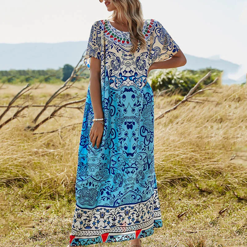 

2021 New Women's Robe Loose Printed Smock Dress Female Casual O Neck Summer Boho Beach Blue Blouse Long Maxi Dresses Folk-custom
