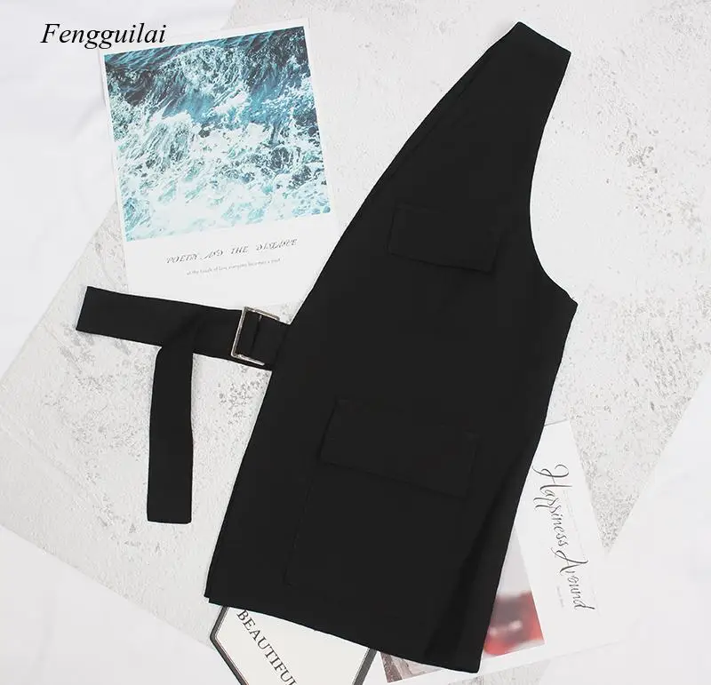 

Women Loose Fit Black One Side Buckle Split Joint Vest New V-Collar Sleeveless Fashion Tide Spring Autumn 2021