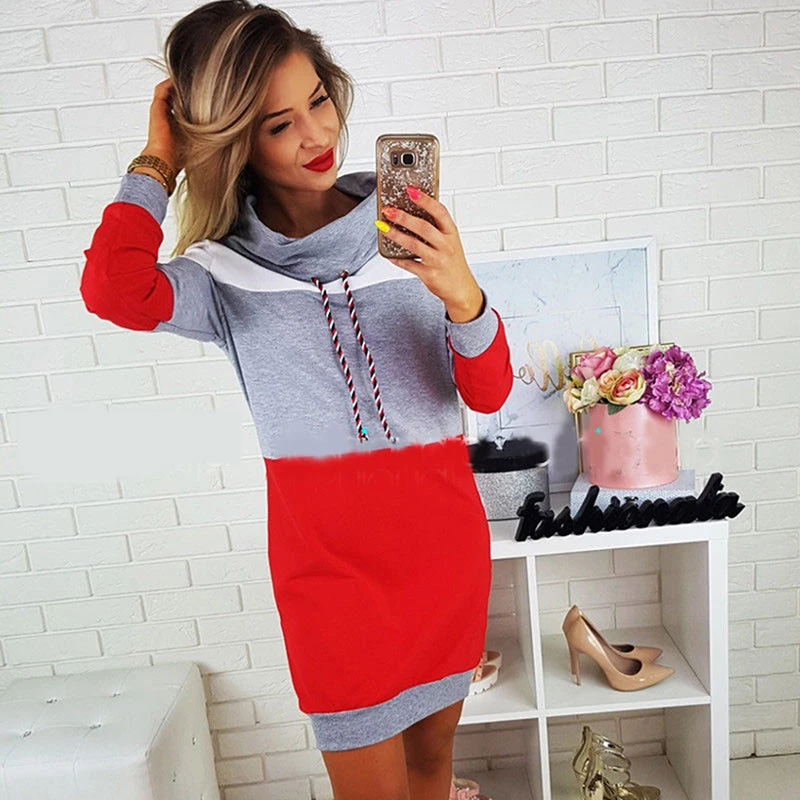 

Casual Patchwork Hoodie Dress New Fashion Autumn Winter Turtleneck Long Sleeve Hooded Sweatshirt Mini Dress