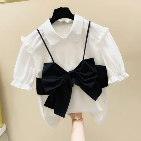 

Женская рубашка с коротким рукавом и оборками, летняя Свободная блузка контрастных цветов в Корейском стиле, 2020