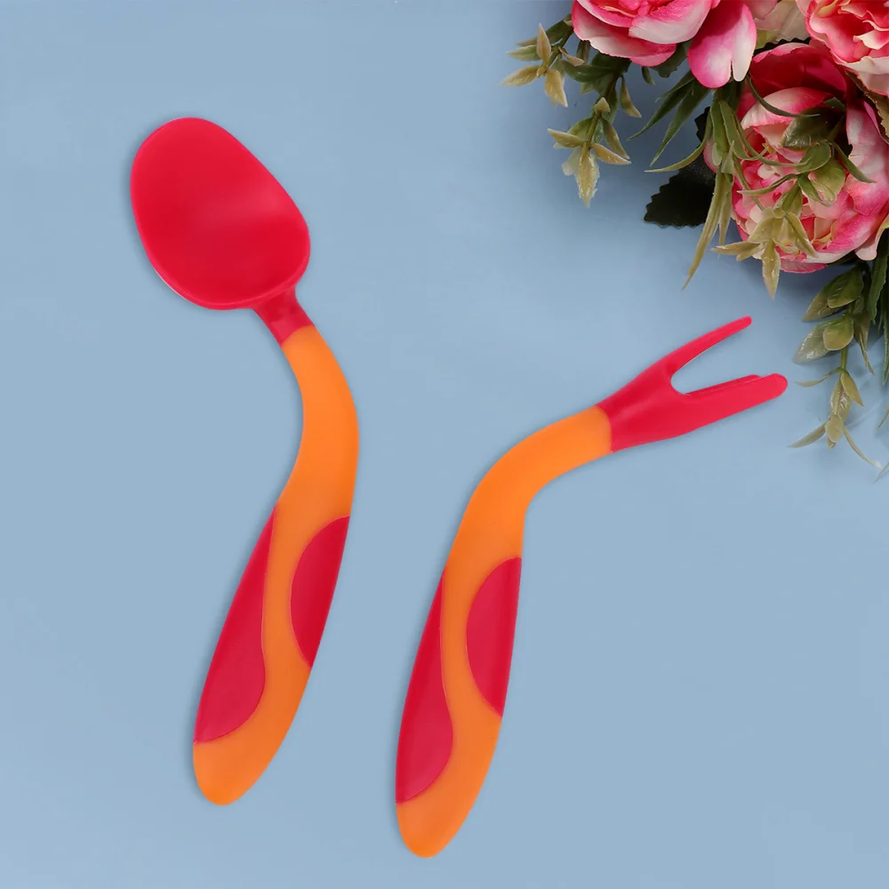 

1 Set of Kids Training Tableware Lovely Easy Grip Eating Practice Spoon Fork Utensil for Toddlers (Red)