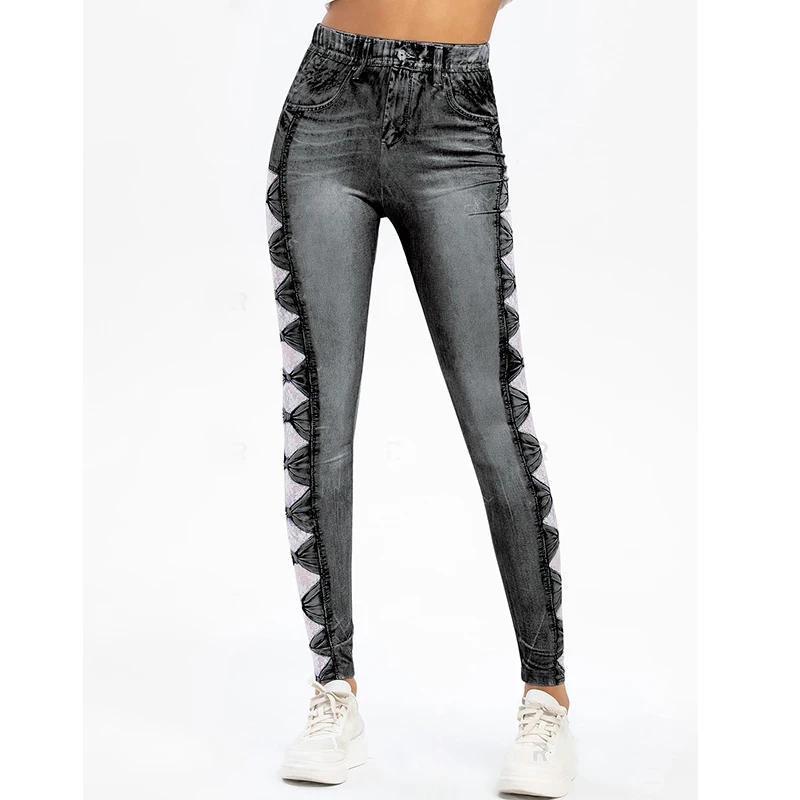 Women Denim Jeans 3D Print Lace Bowknot Skinny Jean Jeggings High Waist Ninth Pencil Pants Slim Leggings Distressed Trousers | Женская