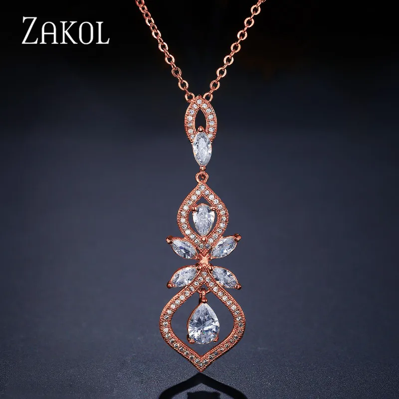 ZAKOL изысканный лист CZ свадебные украшения для женщин модная люстра Висячие подвески и ожерелья юбилей FSNP2052 - Окраска металла: Rose Gold Color