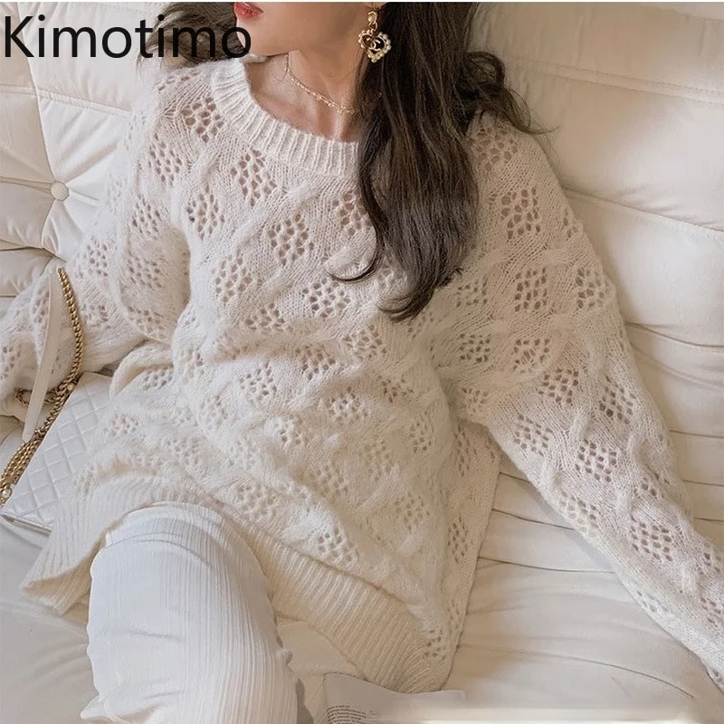 

Kimotimo Hollow Out Mohair Sweater Women Korean O-neck Long Sleeve Lazy Solid Pullover Loose Fashion Fall 2020 Women Clothing
