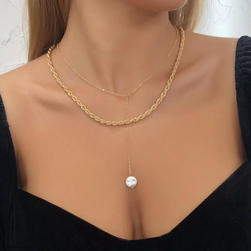 

WG Fashion Simple Clavicle Chain Necklace Personality Double Pearl Long Pendant Necklace For Female Bijoux Summer Jewelry