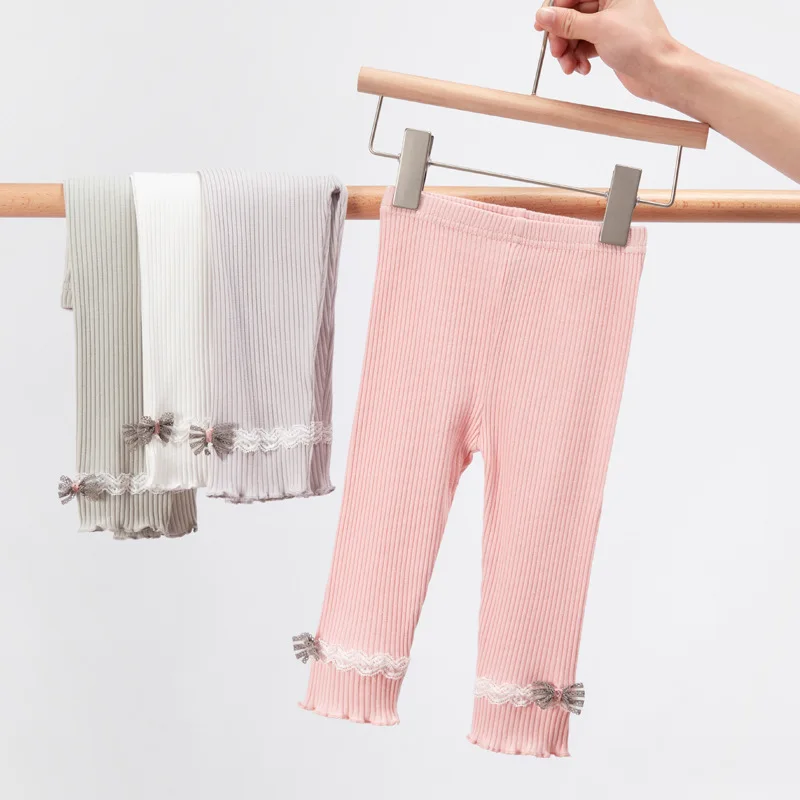 

Кружевные леггинсы с бантом и деревянными ушками для девочек, летние брюки для девочек, детские хлопковые летние эластичные облегающие брю...