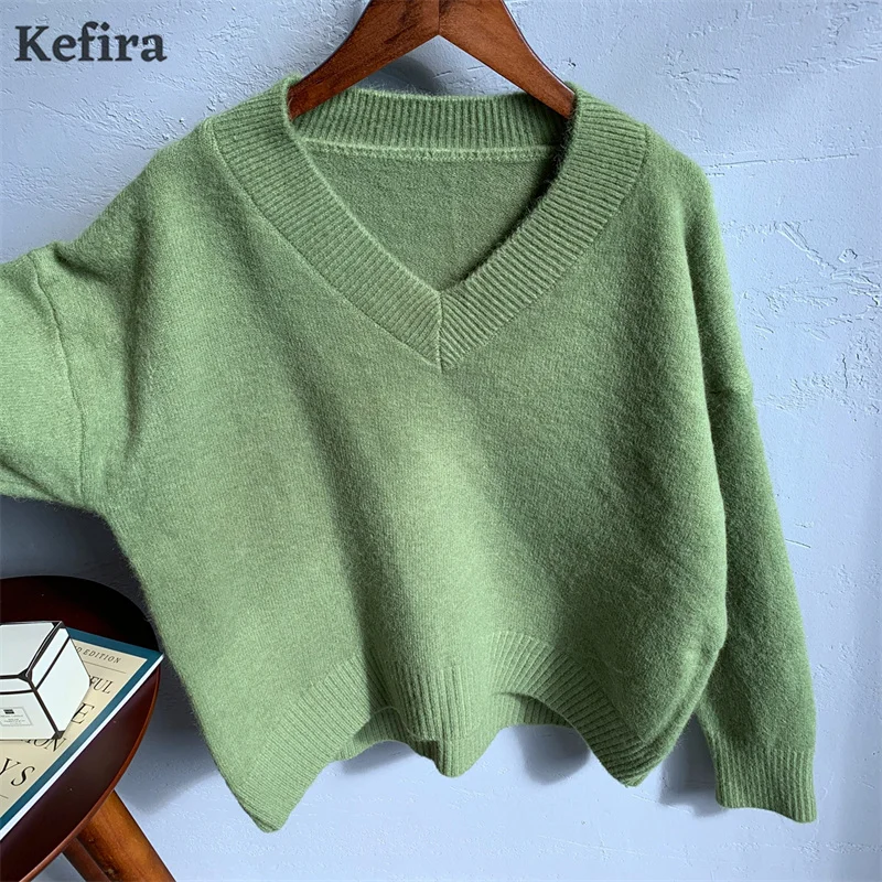 

Kefira зимний осенний зеленый базовый вязаный свитер с V-образным вырезом Женские плотные пуловеры уличные повседневные однотонные женские дж...