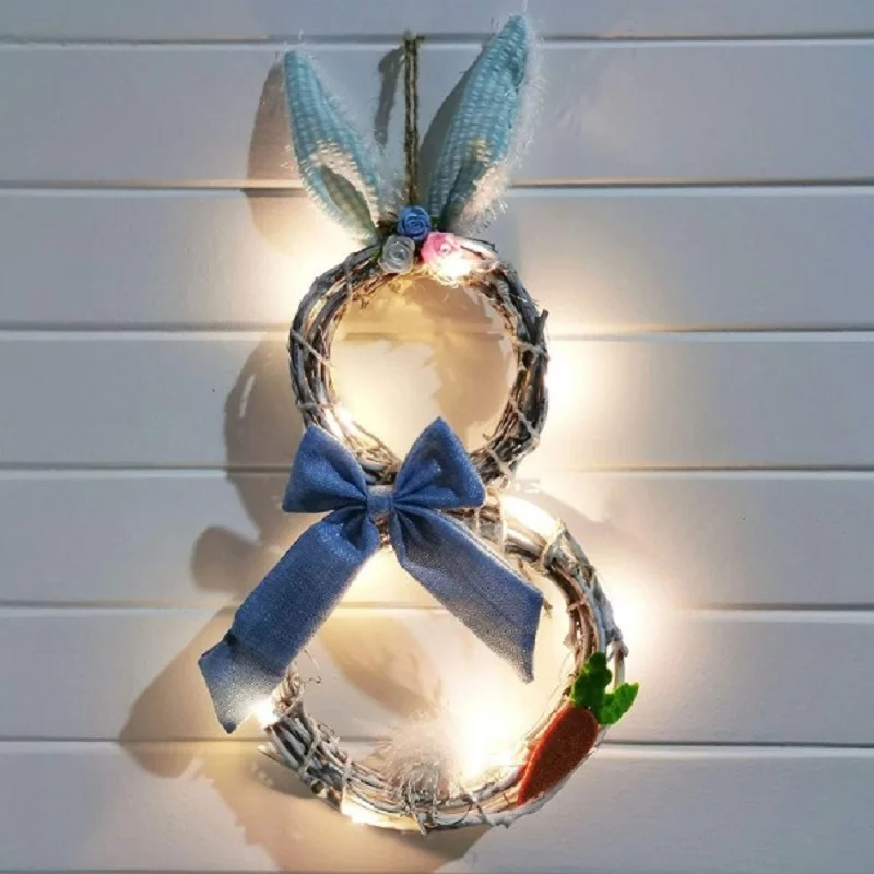 

Easter Decoration With Night Light Bunny Pattern Rattan Circle Wreath Rabbit Bow Door Ornament Easter Party Home Decor