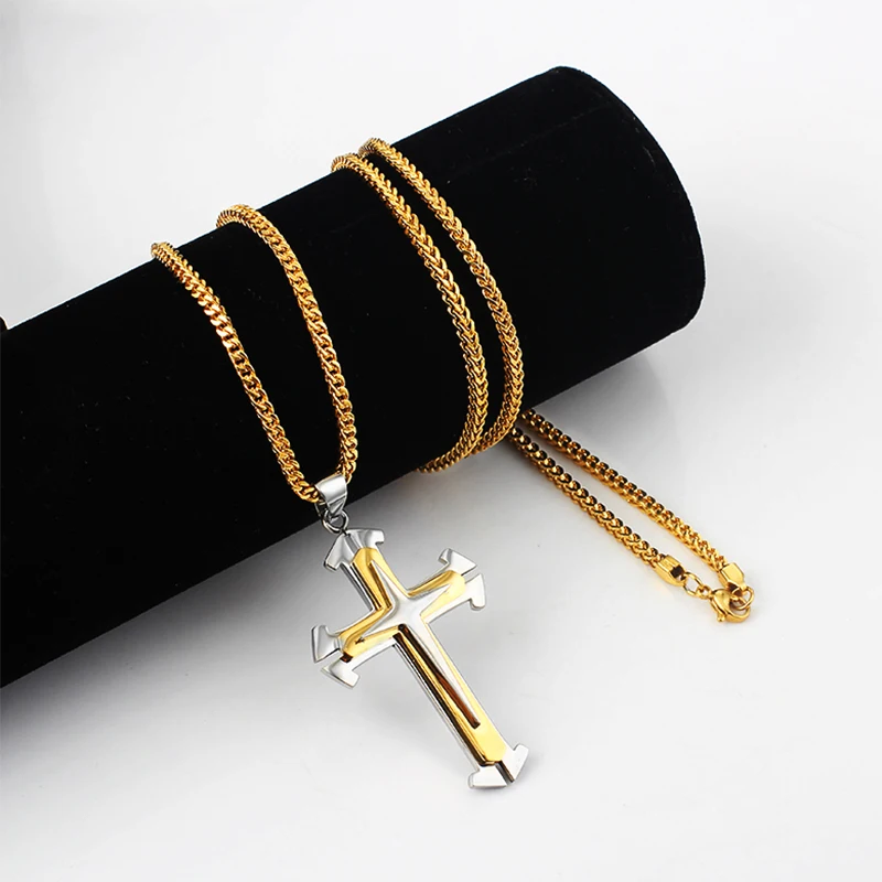 

Fashion Men's Positive and Negative Chain Metal Three-layer Stainless Steel Gold Color Cross Pendant Necklace Religious Jewelry