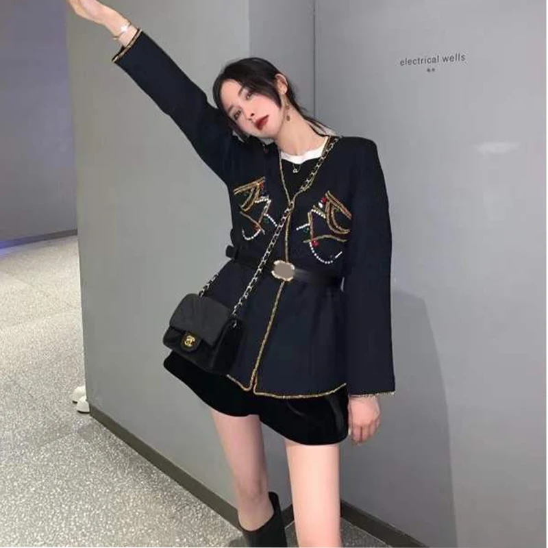 

Coats And Jackets Women's Belt Blazers Elegant Embroidery Double Breasted Female Casual Outwear Black Spring 2021 Women's coat