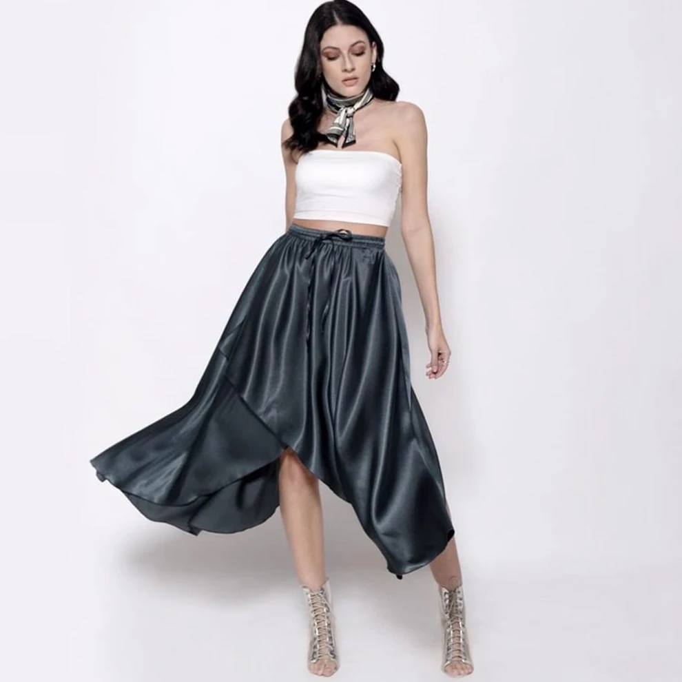 

Яркая кружевная эластичная Асимметричная атласная юбка средней длины с высокой талией, модная юбка из тафты, индивидуальный пошив, цвет