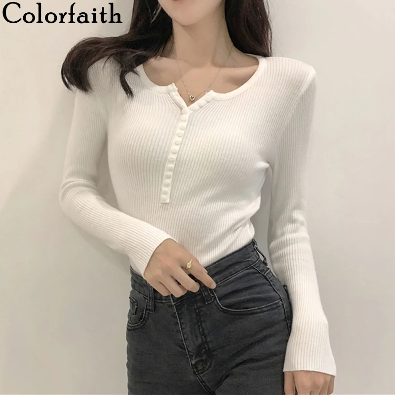 Colorfaith, женский свитер, пуловеры,, Осень-зима, на пуговицах, тонкий, однотонный, корейский стиль, элегантный, повседневный, минималистичный, женский, SW803