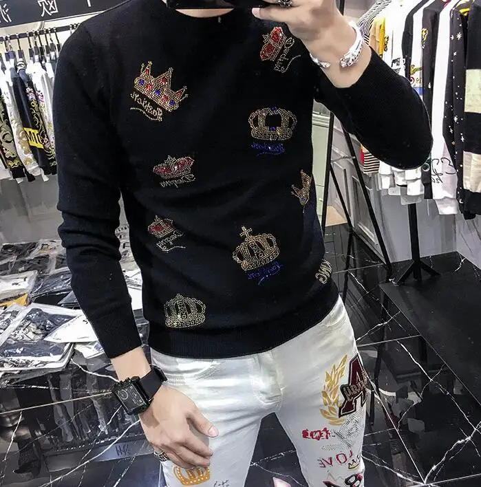 

European style hot diamond crown sweater men's fashion brand personality autumn winter men's long sleeve bottoming sweater