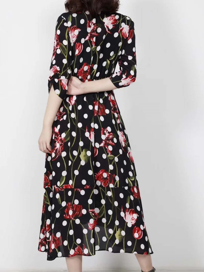 

High Quality Silk Dress 2020 Summer Style Women V-Neck Polka Dot Red Flower Print 3/4 Sleeve Mid-Calf Length Big Swing Dress