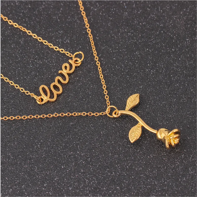 

Free Shipping Statement Double Chain Alloy Love Rose Pendant Necklace Women Romantic Memories Jewelry Collares