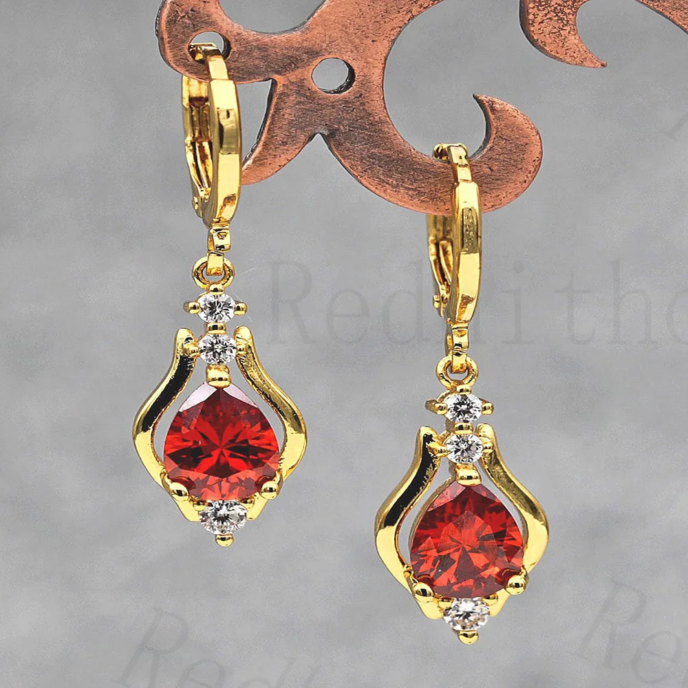 

Women's Earrings Yellow Gold Filled Teardrop Earring Trendy Dangle Drop Earrings with Waterdrop Red Zircon Shiny Fashion Jewelry