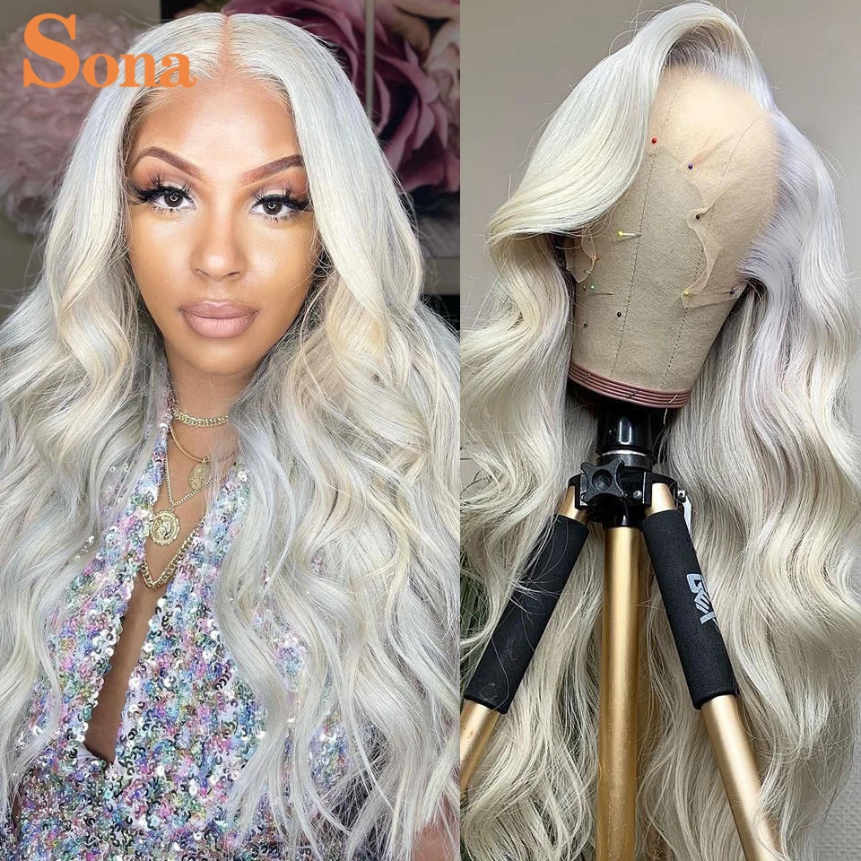 #60 Ash Blonde Lace Front Human Hair Wig Body Wave Transparent Lace Wig Wavy Platinum White Colored Lace Frontal Wig for Women